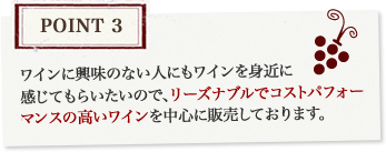 Point3 ワインに興味のない人にもワインを身近に感じてもらいたいので、リーズナブルでコストパフォーマンスの高いワインを中心に販売しております。